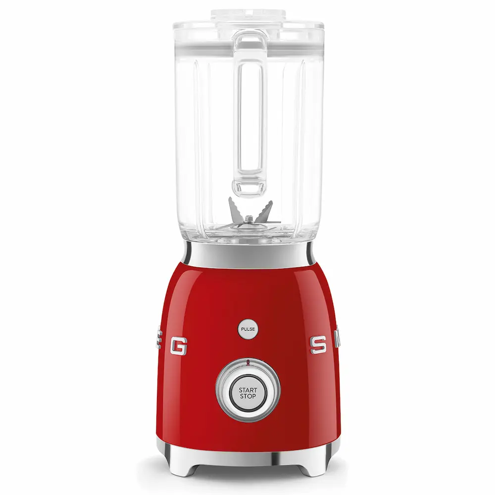 Czerwony blender kielichowy Smeg BFL03RDEU z pokazanym sterowaniem