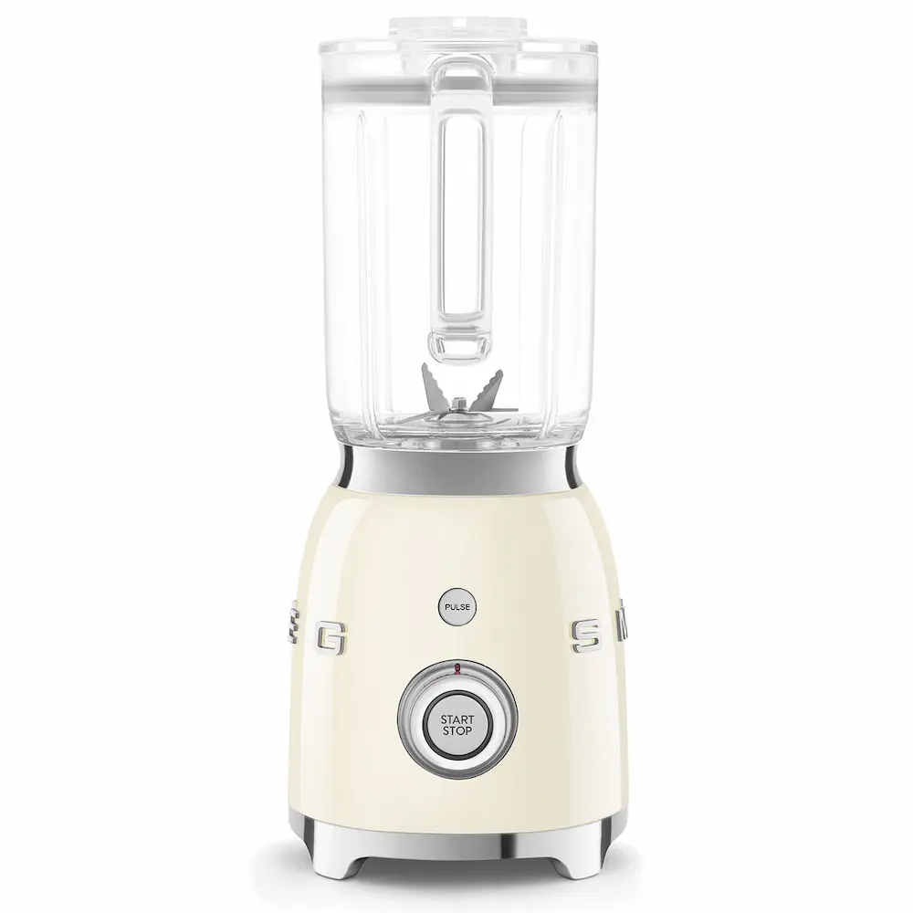 Kremowy blender kielichowy Smeg BFL03CREU z pokazanym sterowaniem